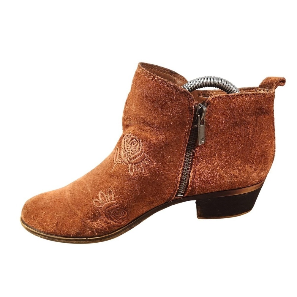 Lucky Brand Boots Womens Size 9.5 Red Oak Oiled Suede Basel Embroidered Ankle